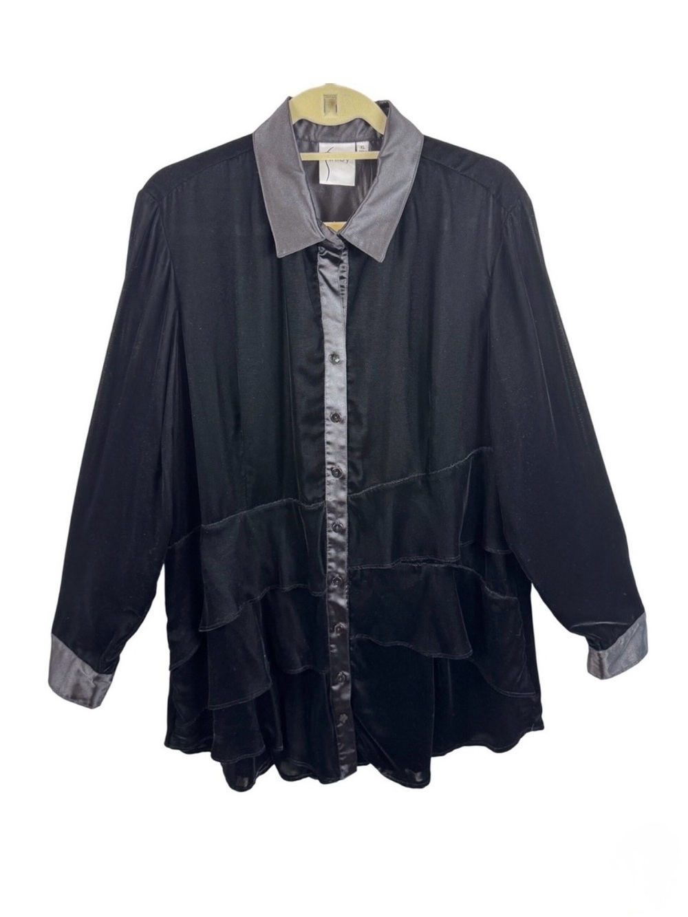 Finley Womens XL Black Velvet Ruffle Tiered Button Down Shirt Satin Trim USA